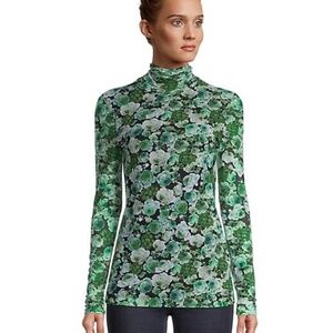 Ganni Blue Floral Mesh Turtleneck Top Size Small / Medium